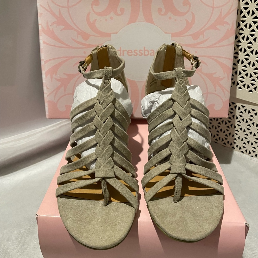 Taupe suede sandals. - Picture 1 of 2